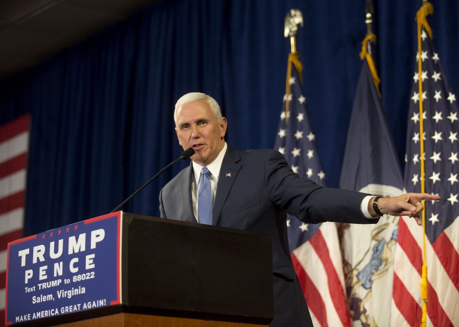 Republican vice presidential nominee Mike Pence speaks Wednesday at the Salem Civic Center in Salem, Va.