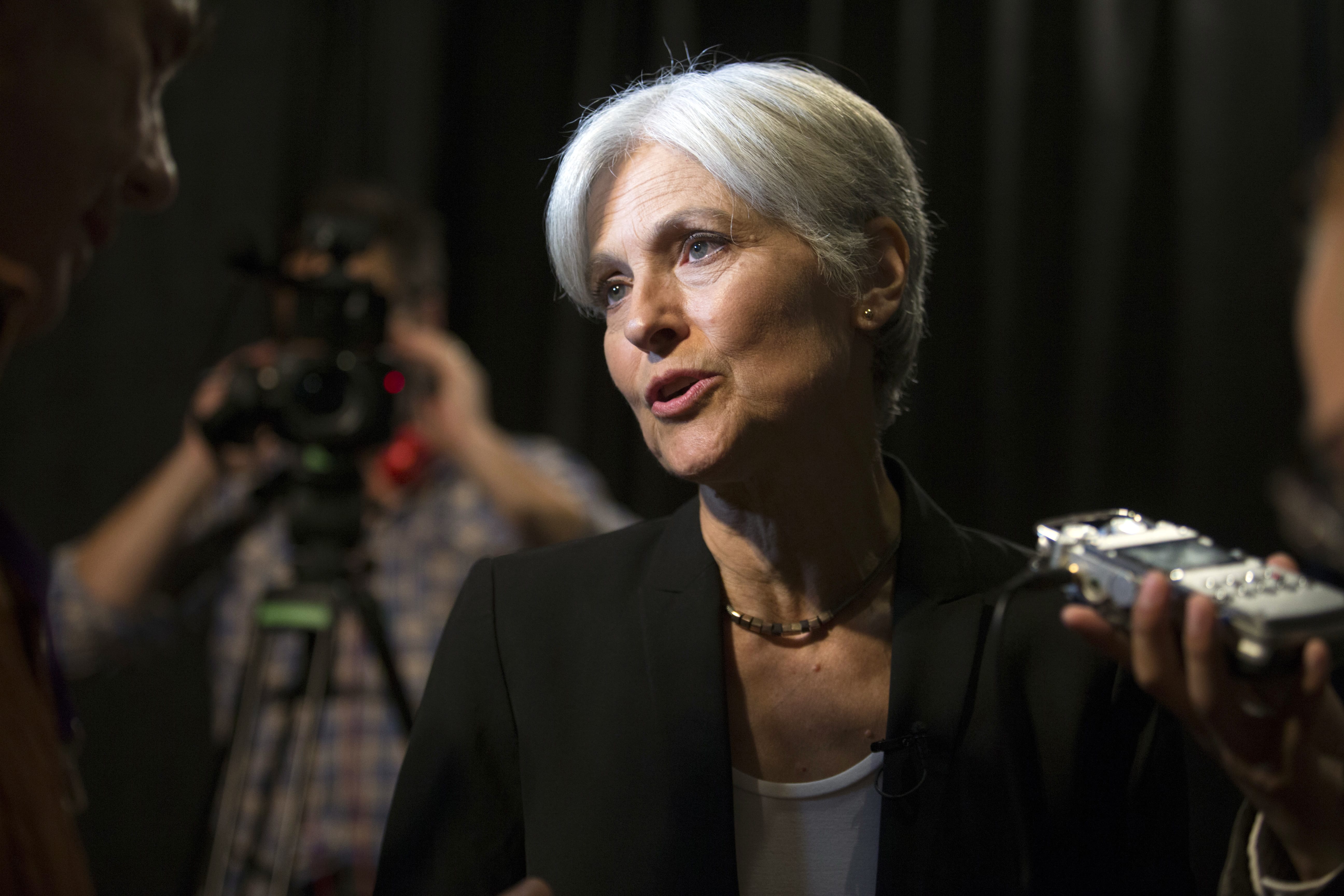 Green party presidential candidate Jill Stein answers questions from members of the media during a campaign stop at Humanist Hall in Oakland, Calif. on Thursday, Oct. 6, 2016. (AP Photo/D.