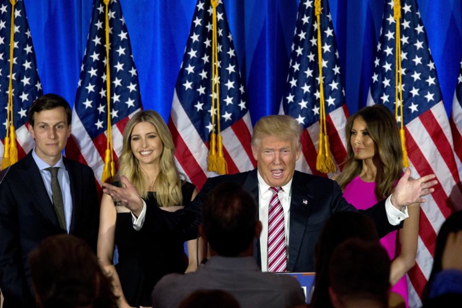 Republican presidential candidate Donald Trump, joined by his wife, Melania, daughter Ivanka and son-in-law Jared Kushner, speaks during a news conference at the Trump National Golf Club Westchester in Briarcliff Manor, N.Y. Ushering Trump toward a more analytical approach is Jared Kushner.