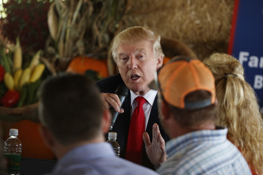 Republican presidential candidate Donald Trump speaks during a meeting with local farmers at Bedners Farm Fresh Market on Monday in Boynton Beach, Fla.