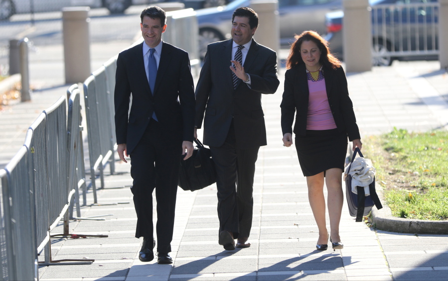 Bill Baroni, left, walks with his attorney, Michael Baldassare on their way to the Martin Luther King Jr. Federal Court in Newark, N.J., on Monday.  (Kevin R.