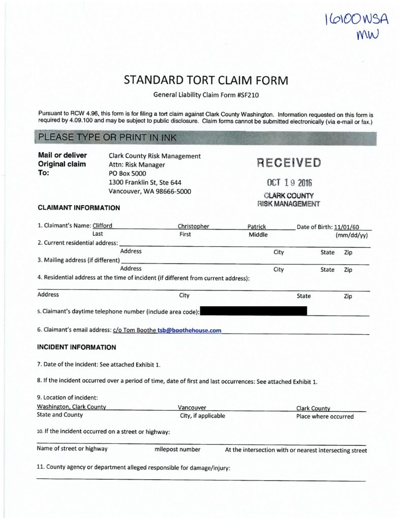 A tort claim filed on behalf of former Clark County employee Christopher Clifford. PDF