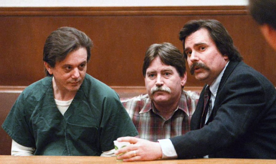 Clark Richard Elmore, left, talks with his lawyer, Whatcom County Public Defender Jon Komorowski, right, and Public Defender&#039;s investigator Michael Sparks, center, in 1996 before Elmore was sentenced to death for the murder of his girlfriend&#039;s daughter, Kristy Lynn Ohnstad, 14, in Bellingham. The Supreme Court on Monday declined to hear the death penalty appeal. (Philip A.