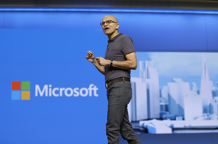 FILE - In this Wednesday, March 30, 2016, file photo, Microsoft CEO Satya Nadella delivers the keynote address at the Microsoft Build Conference, in San Francisco. On Thursday, Oct. 20, 2016, Microsoft reports financial results.