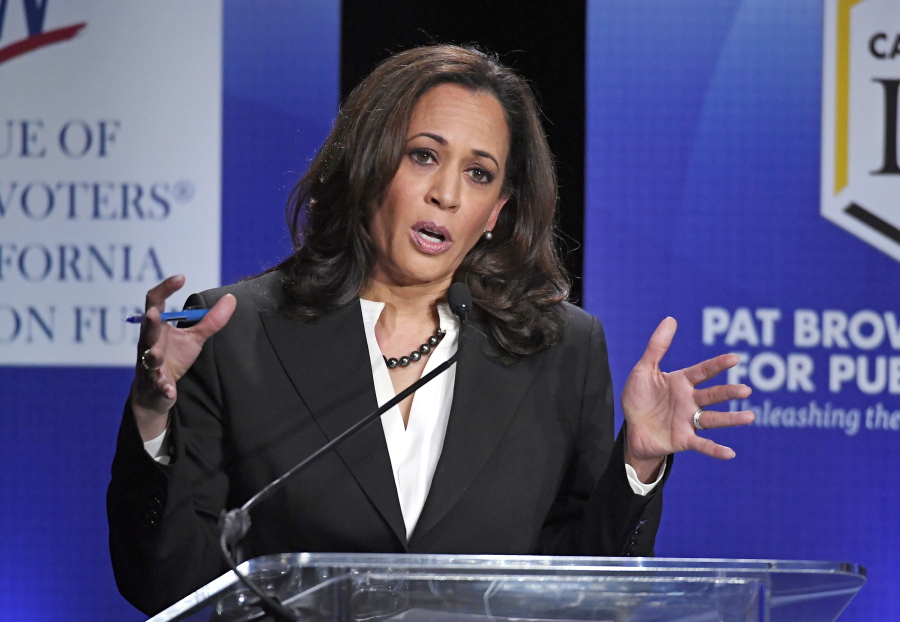 FILE - In this Oct. 5, 2016 file photo, Democratic California U.S. Senate candidate California Attorney General Kamala Harris speaks during a debate against Congresswoman Loretta Sanchez, not shown, in Los Angeles. Come Election Day, California could legalize pot smoking. The state&#039;s new U.S. senator will be black or Hispanic, a first. Voters could end the death penalty, and revive bilingual education in schools. Behind it all, a wave of new voters - many younger, Hispanic, or both - is contributing to generational, demographic and cultural shifts that are being witnessed on the Nov. 8 ballot. (AP Photo/Mark J.