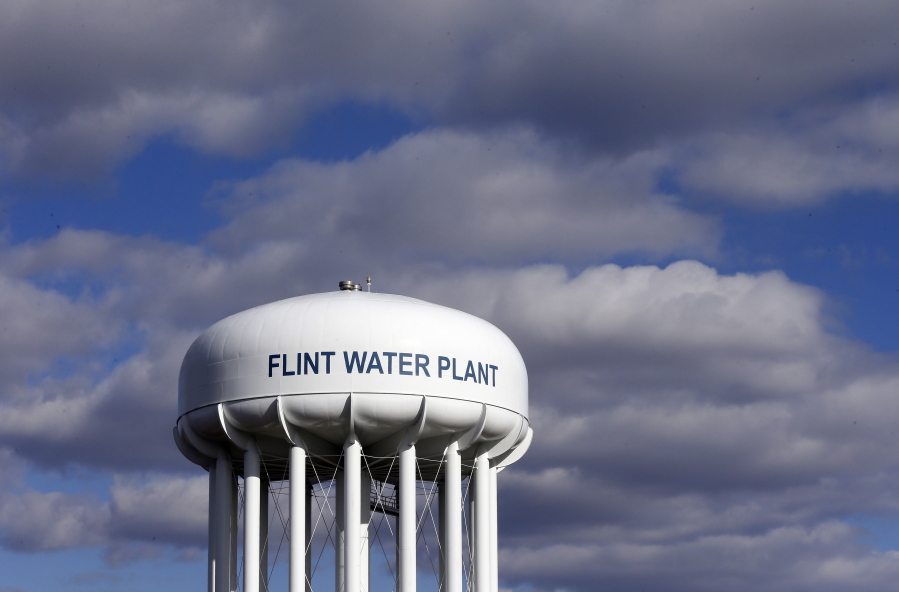 The Flint Water Plant water tower is seen in Flint, Mich.