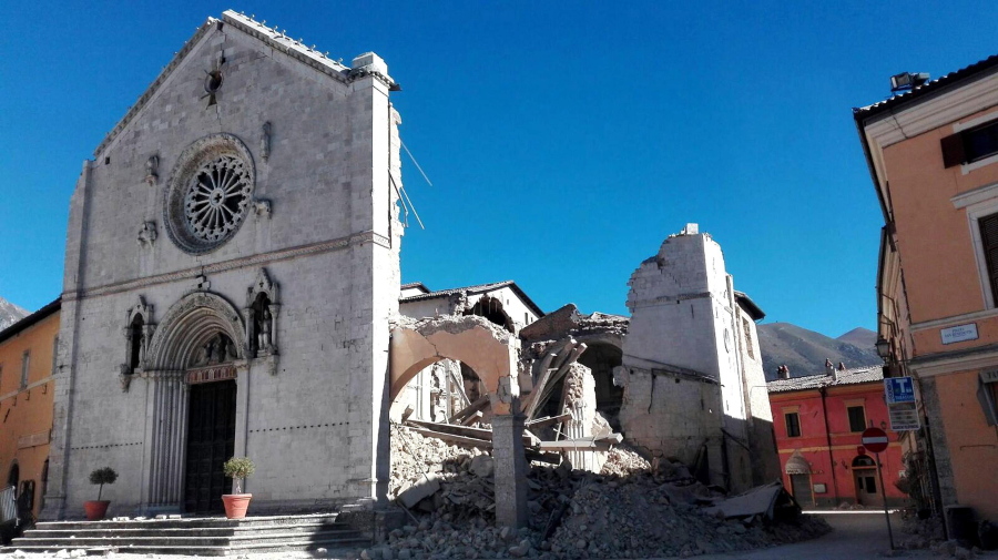 A view of the facade of the San Benedetto Basilica, in Norcia, central Italy, after an earthquake with a preliminary magnitude of 6.6 struck central Italy, Sunday, Oct. 30, 2016. A powerful earthquake rocked the same area of central and southern Italy hit by quake in August and a pair of aftershocks last week, sending already quake-damaged buildings crumbling after a week of temblors that have left thousands homeless.