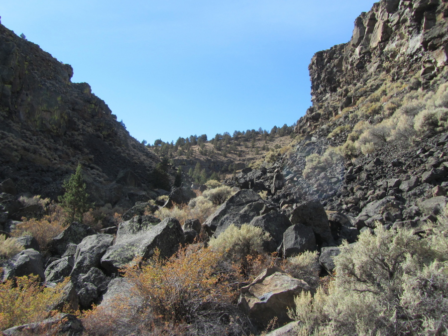 A rockfall marks the end of the main Dry River Canyon Trail, east of Bend, Ore., on an Oct. 6 hike.