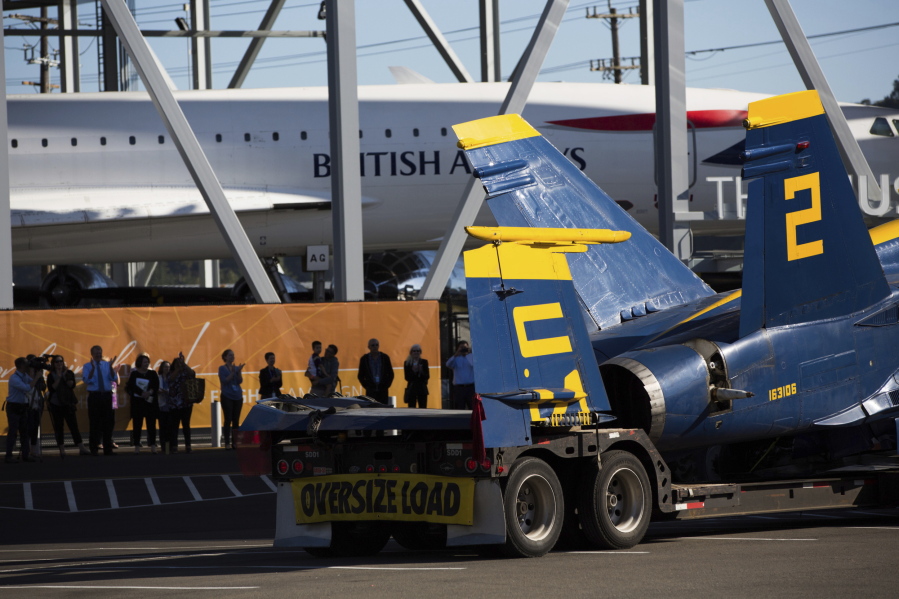 A Blue Angel F/A-18C Hornet arrives at the Museum of Flight by truck on Aug. 23, 2016  in Seattle.  The F/A-18 will be permanently housed inside the museum???s new Airpark Pavilion.