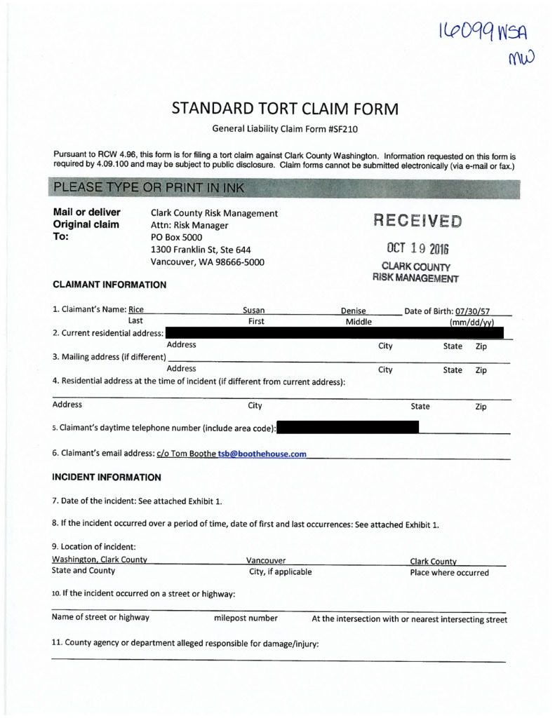 A tort claim filed on behalf of former Clark County employee Susan Rice. PDF