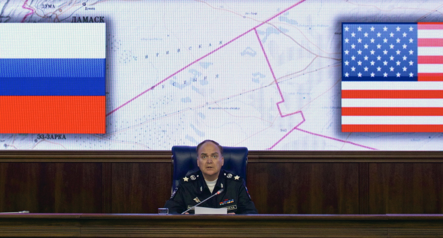 FILE - In this file photo dated Friday, Oct. 7, 2016, Russian Deputy Defense Minister Anatoly Antonov speaks during a media briefing in the Defense Ministry in Moscow.  While Western media are filled with grim images of life in areas of Aleppo under siege by Russian-backed Syrian government forces, Russian news reports tell a very different story.