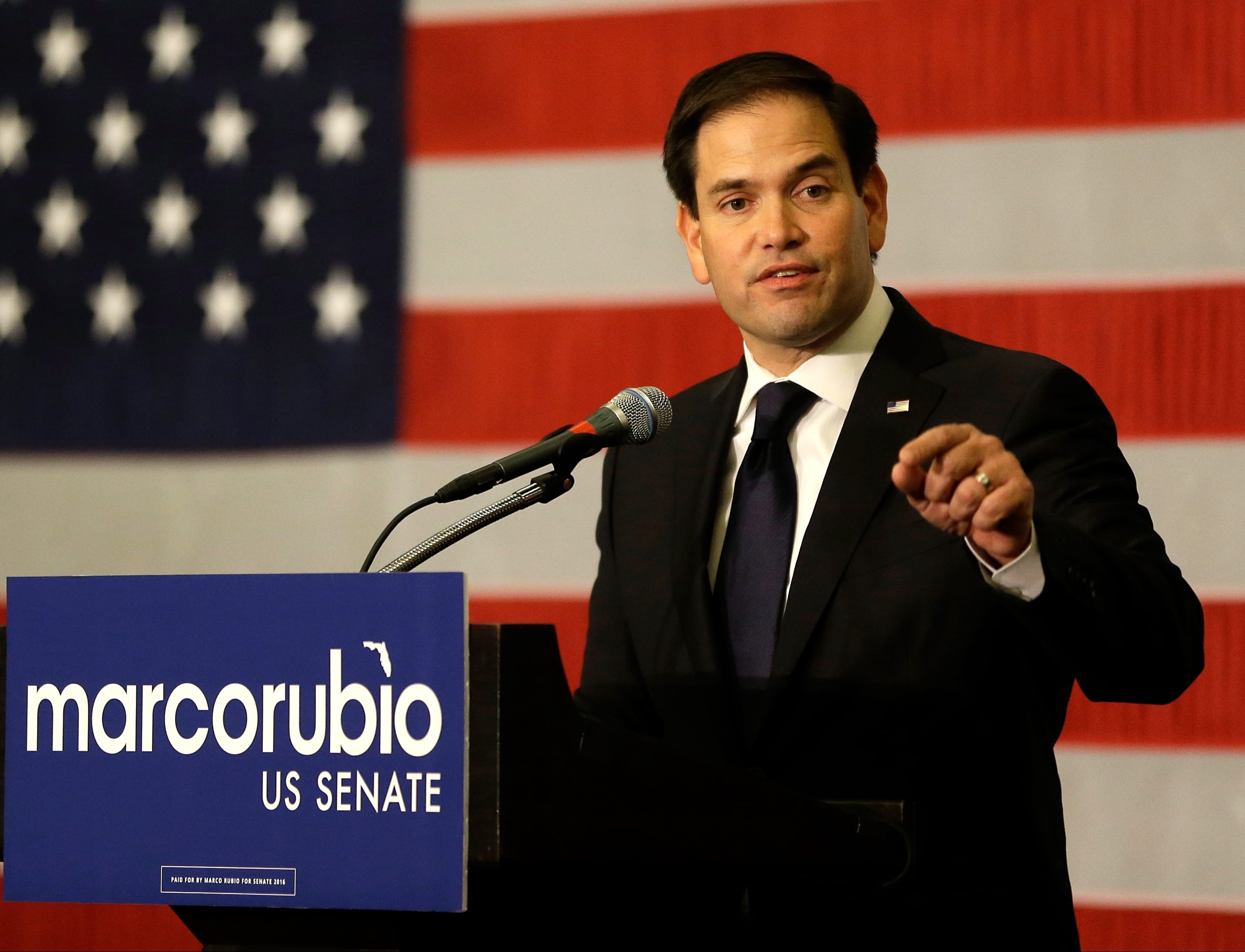 In this photo taken Aug. 30, 2016, Sen. Marco Rubio, R-Fla. speaks at a primary election party in Kissimmee, Fla. The race for control of the Senate is tearing toward its finale on a last-minute burst of cash from both sides, with a half-dozen top races essentially tied.