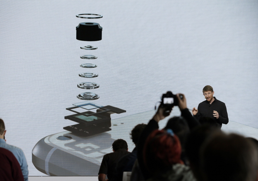 Brian Rakowski, Google vice president of product management, talks about the camera in the new Google Pixel phone during a product event Oct. 4 in San Francisco.