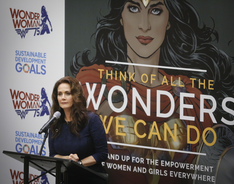 Lynda Carter, who played Wonder Woman on the 1970s TV show, speaks Friday at a U.N.