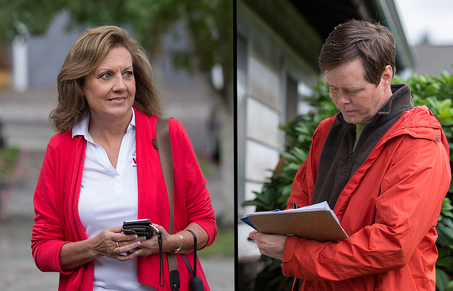 State Senate candidates Lynda Wilson, left, and Tim Probst both walk door-to-door while talking to voters in northeast Vancouver on Friday afternoon.