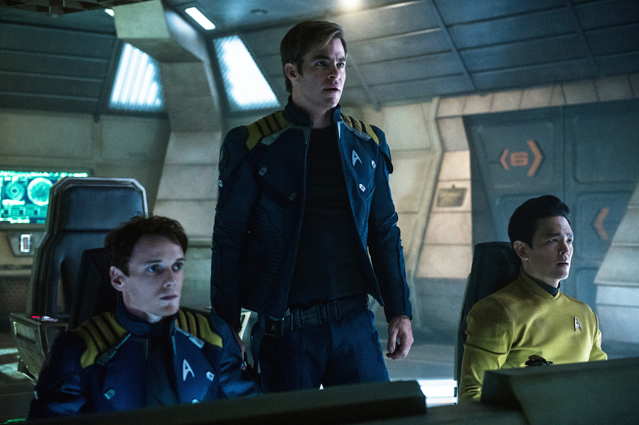 Anton Yelchin, from left, Chris Pine and John Cho appear in a scene from &quot;Star Trek Beyond.&quot; (Kimberley French/Paramount Pictures)