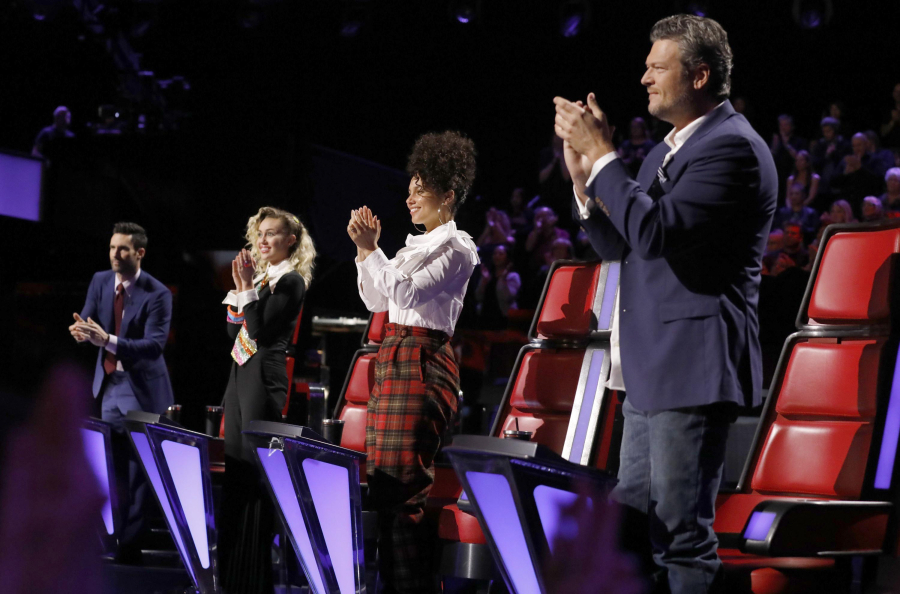 &quot;The Voice&quot; hosts Adam Levine, from left, Miley Cyrus, Alicia Keys and Blake Shelton.