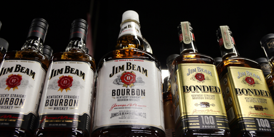 Jim Beam whiskey and bourbon are on the shelves of a Binny&#039;s Beverage Depot in Chicago&#039;s South Loop.