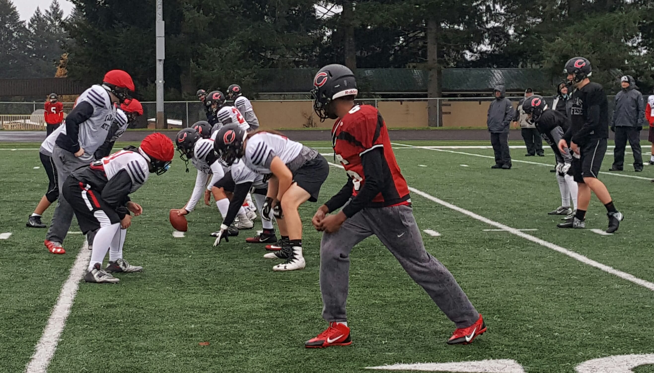 The Camas football team practices on Thursday ahead of its Class 4A state semifinal game against Sumner on Saturday.