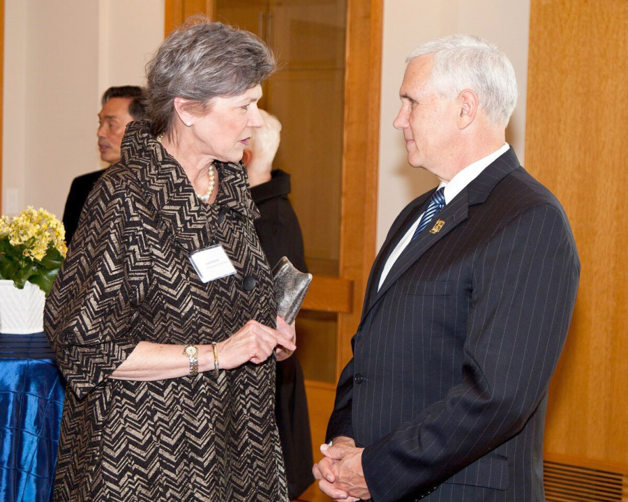 Laura Scanlan, director of State and Regional Partnerships for the National Endowment for the Arts, with Vice President-elect Mike Pence at the 2016 Governor&#039;s Arts Awards. (Hadley W.