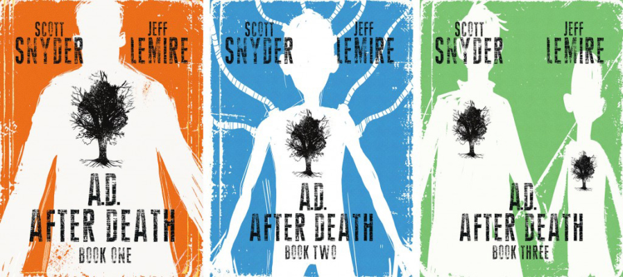 The three covers of &quot;After Death,&quot; written by Scott Snyder and illustrated by writer/artist Jeff Lemire.