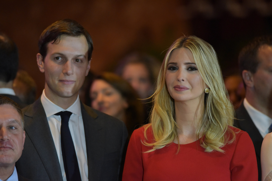 Jared Kushner and his wife, Ivanka Trump, listen to a speech by Donald Trump on April 19 in New York.