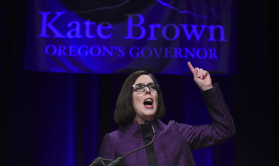 Oregon Gov. Kate Brown speaks to a crowd of supporters Tuesday after being elected at the Oregon Convention Center in Portland.