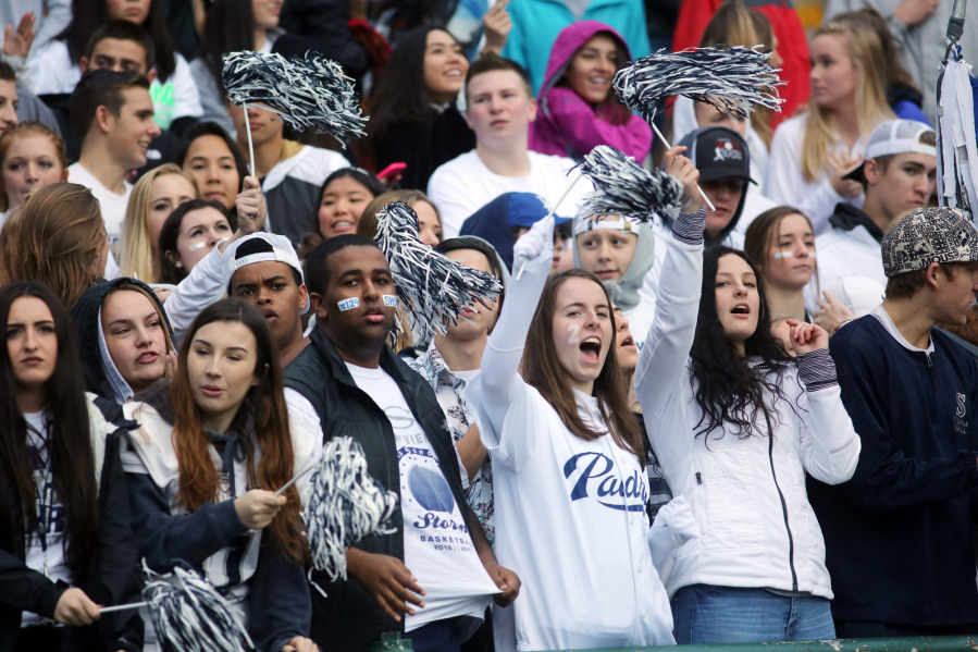 Skyview&#039;s supporters cheer at a game against Lake Stevens in the football 4A state quarterfinals at Kiggins Bowl in Vancouver Saturday November 19, 2016.
