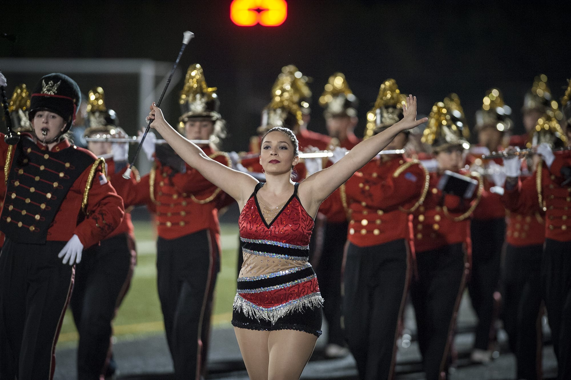 A member of the Camas marching band performs before the playoff game at Doc Harris Stadium in Camas, Friday November 11, 2016.