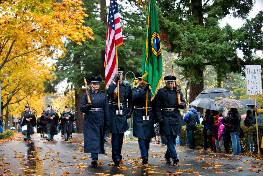 An Air Force Honor Guard leads the 29th annual Veterans Parade last year at Fort Vancouver.