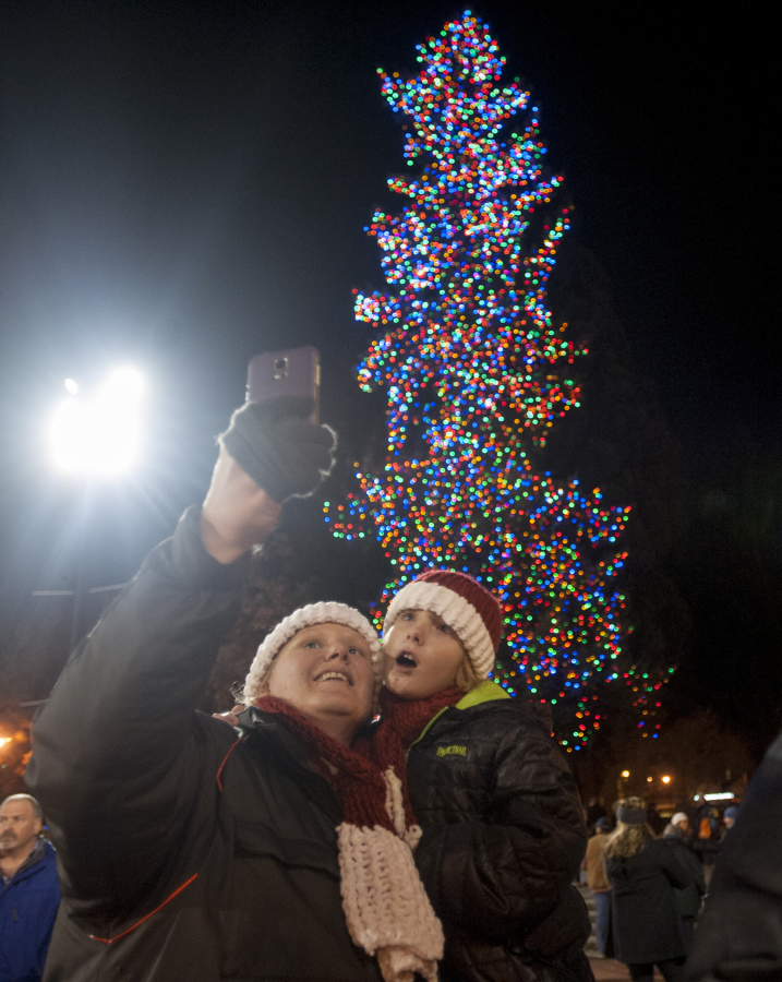 Beka Schueth and son Nathanael take a selfie after the 2015 tree lighting in Esther Short Park.