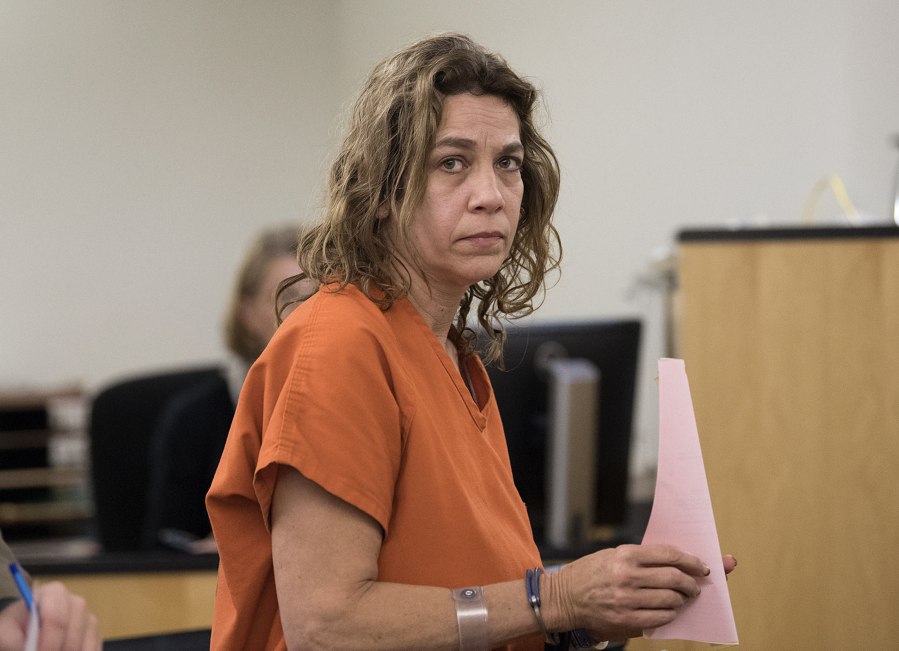 Cindy Jo Clem, 50, who is accused of intentionally setting fire to her mobile home north of La Center, makes a first appearance in Clark County Superior Court on Monday morning.