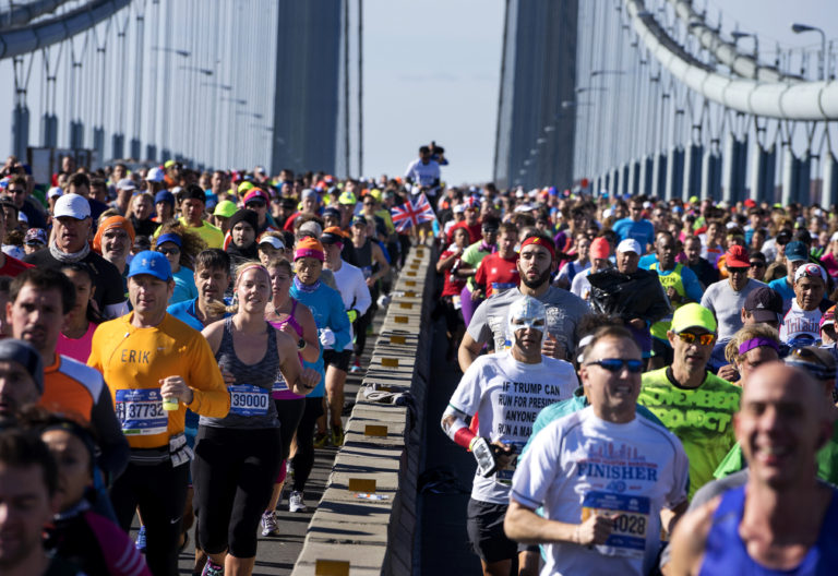 Runners cross the Verrazano-Narrows Bridge during the New York City Marathon on Sunday, Nov. 6, 2016, in New York.