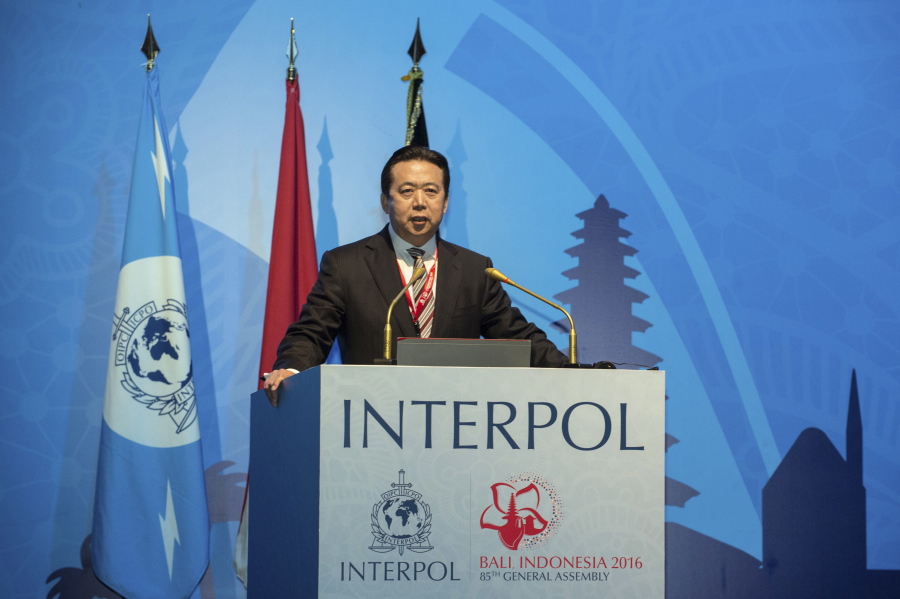 China&#039;s Vice Minister of Public Security Meng Hongwei delivers a campaign speech at the 85th session of the general assembly of the International Criminal Police Organization (Interpol), in Bali, Indonesia, on Nov. 10. The top Chinese police official was elected president of Interpol on Thursday, setting off alarm bells among rights advocates over the legitimization of abuses and lack of transparency within China&#039;s legal system.