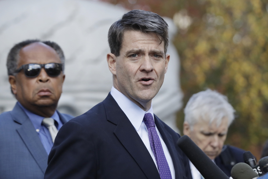 Bill Baroni, right, New Jersey Gov. Chris Christie&#039;s former top appointee at the Port Authority of New York and New Jersey, talks to reporters Friday after he was found guilty on all counts in the George Washington Bridge traffic trial at Martin Luther King Jr. Federal Court in Newark, N.J.