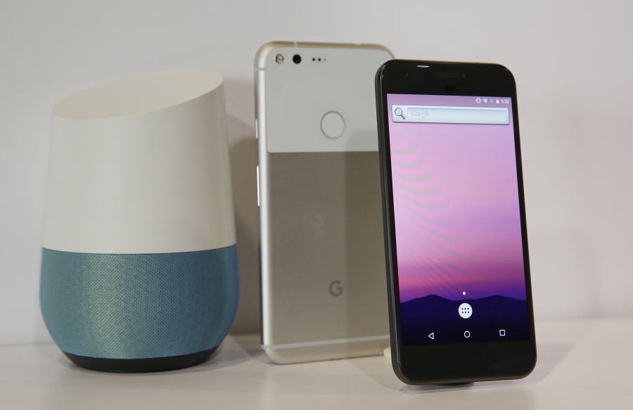 The new Google Pixel phone is displayed next to a Google Home smart speaker, left, following a product event in San Francisco.