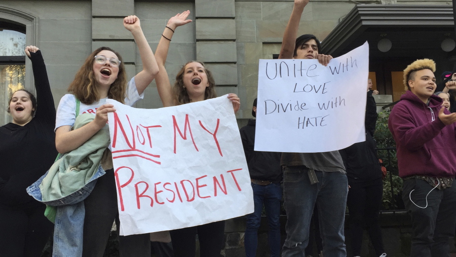 Several dozen students from various high schools in the Portland, Ore., metropolitan area gather downtown to protest Republican nominee Donald Trump&#039;s victory in Tuesday???s presidential election, Wednesday, Nov. 9, 2016. The protests were peaceful and students said that they felt compelled to demonstrate against Trump because they were not old enough to vote. (AP Photo/Gillian Flaccus) (TED S.