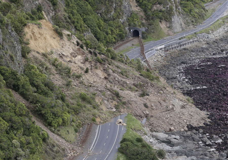A landslide blocks State Highway One and the main trunk railway line north of Kaikoura following an earthquake in New Zealand on Nov. 14, 2016. In terms of human life, the magnitude 7.8 earthquake that hit New Zealand this month was relatively merciful: just two fatalities.