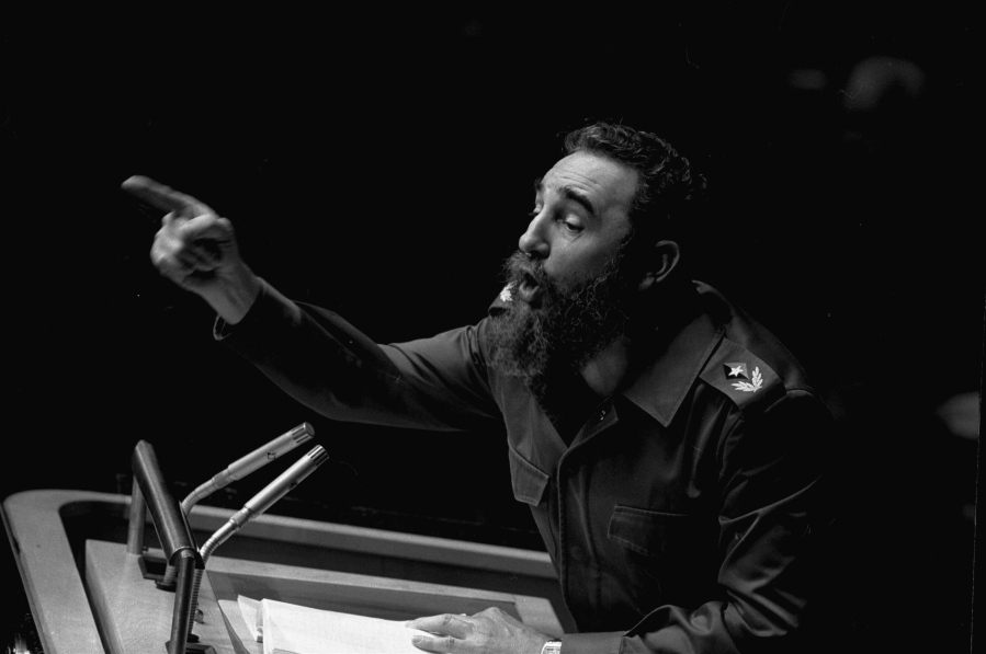 Cuban President, Fidel Castro, points during his lengthy speech before the United Nations General Assembly, in New York on Oct. 12, 1979. Cuban President Raul Castro has announced the death of his brother Fidel Castro at age 90 on Cuban state media on Friday, Nov. 25, 2016.