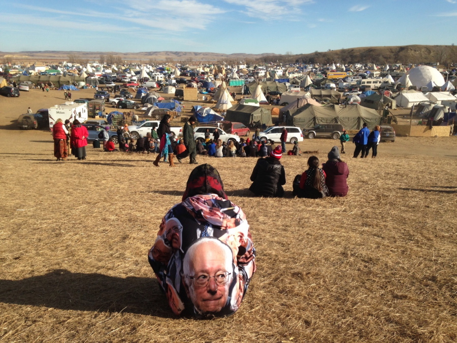 Protesters gather Saturday at an encampment near Cannon Ball, N.D.