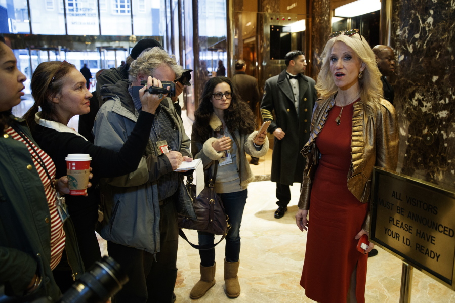 Kellyanne Conway, campaign manager and senior adviser to President-elect Donald Trump, talks with reporters as she arrives at Trump Tower, Sunday, Nov. 13, 2016, in New York.