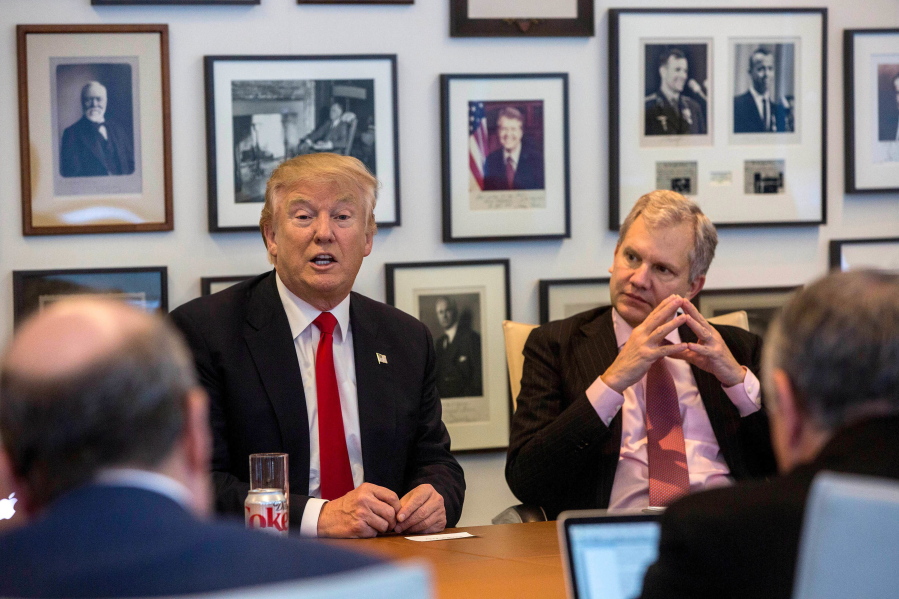 President-elect Donald Trump, left, and New York Times Publisher Arthur Sulzberger Jr. appear at a meeting with editors and reporters Tuesday at The New York Times building in New York.