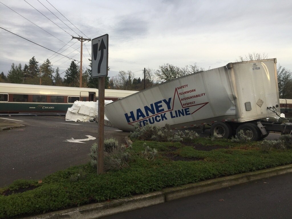 The back of a tractor-trailer headed for Vancouver was hit by an Amtrack train Monday morning. No one was injured in the collision. (Marion Co.