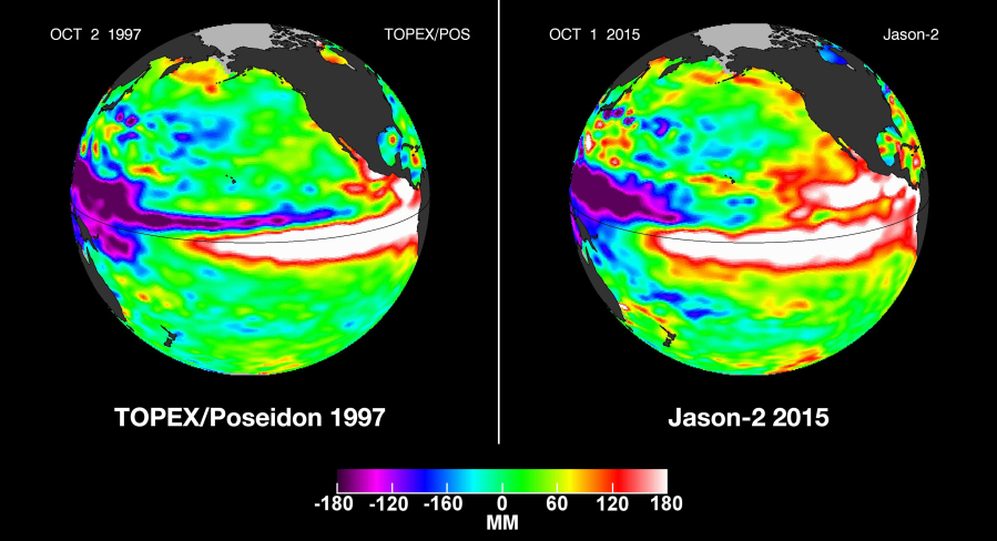 These false-color satellite images show the movement of warm Pacific Ocean water characteristic of strong El Ni?os, from Oct. 2, 1997, left, and Oct. 1, 2015. Warm ocean water that normally stays in the western Pacific, shown from cooler to warmer as yellow to red to white, moves east along the equator to heat the land masses of the Americas.