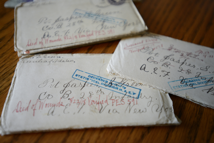 Letters to Pvt. Jasper Green returned to his mother after the soldier was killed in 1918. The envelopes were stamped &quot;deceased&quot; and returned to Lillie Green.