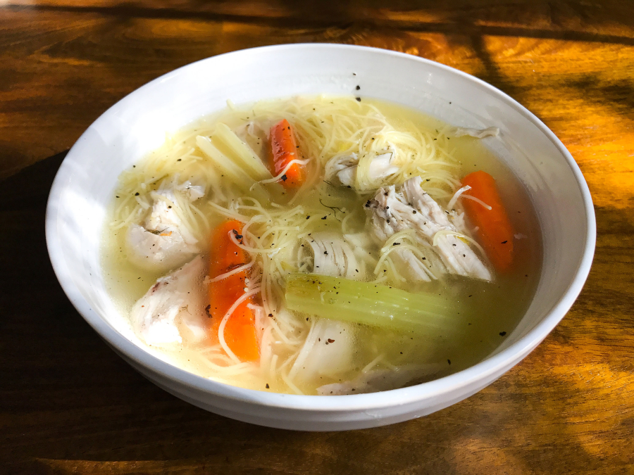 Chicken soup, prepared at Leslie Brenner&#039;s Dallas home from her own recipe inspired by her mom&#039;s chicken soup.