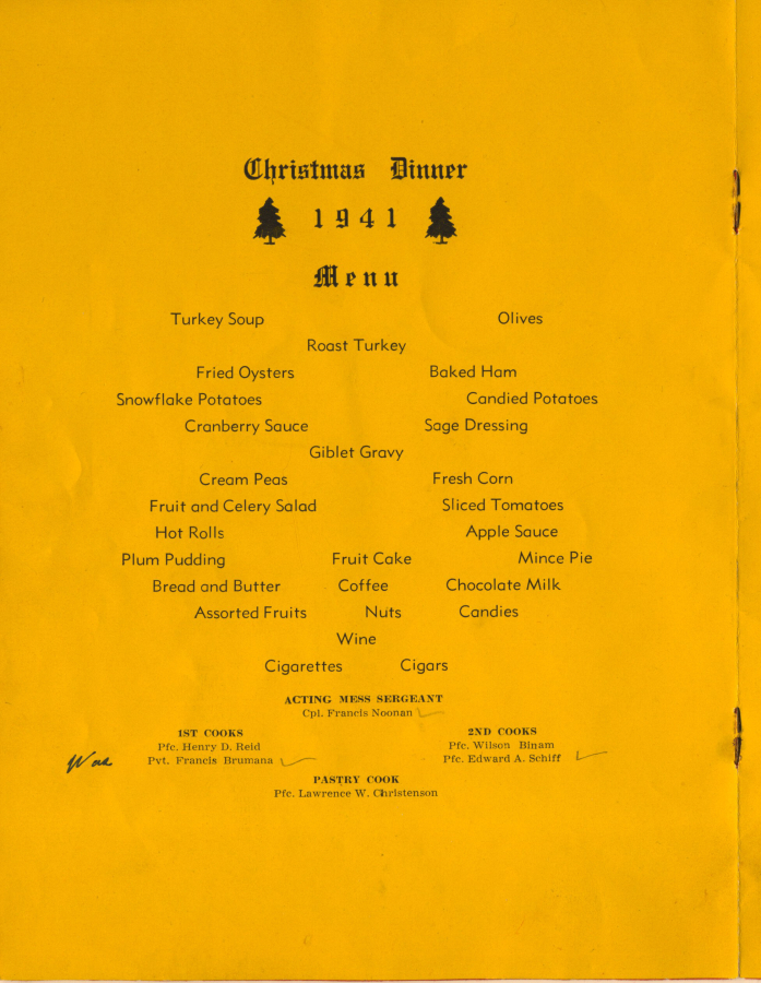 The 1941 Christmas dinner menu for Company E, 18th Engineers, based at Vancouver Barracks.