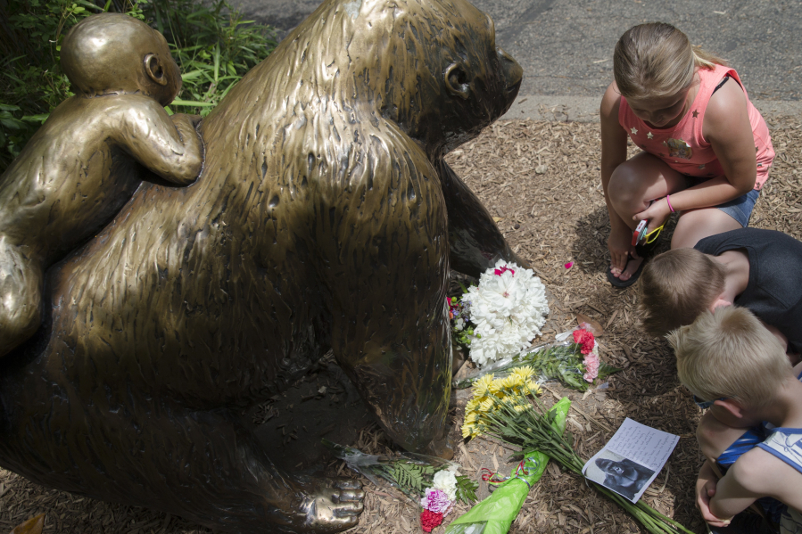 Children pause at the feet of a gorilla statue where flowers and a sympathy card have been placed, outside the Gorilla World exhibit at the Cincinnati Zoo &amp; Botanical Garden, Sunday, May 29, 2016, in Cincinnati. On Saturday, a special zoo response team shot and killed Harambe, a 17-year-old gorilla, that grabbed and dragged a 4-year-old boy who fell into the gorilla exhibit moat. Authorities said the boy is expected to recover. He was taken to Cincinnati Children&#039;s Hospital Medical Center.