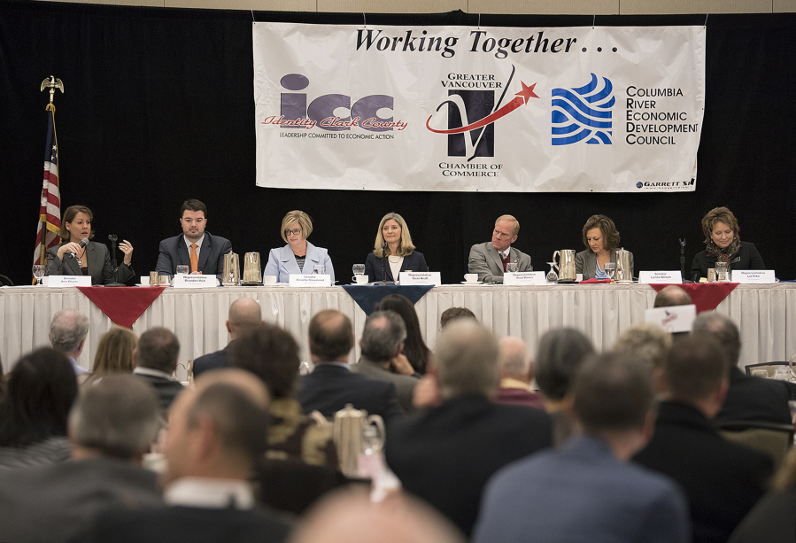 State legislators from Clark County reviewed a wide range of topics during the 2017 Legislative Outlook Breakfast on Friday morning at the Hilton Vancouver Washington. From left are Sen. Ann Rivers, R-La Center; Rep. Brandon Vick, R-Felida; Sen. Annette Cleveland, D-Vancouver; Rep.-elect Vicki Kraft, R-Vancouver; Rep. Paul Harris, R-Vancouver; Sen. Lynda Wilson, R-Vancouver; and Rep. Liz Pike, R-Camas.