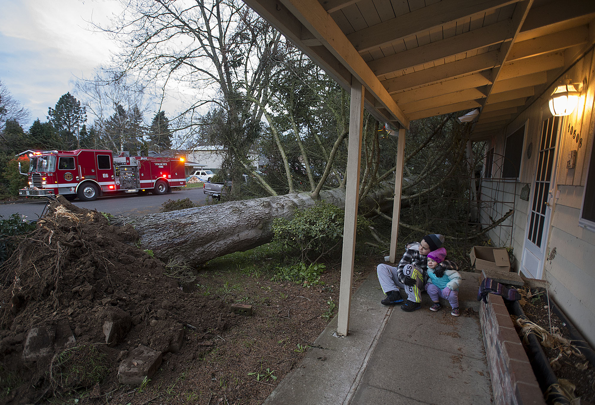 Elijah Deere, 10, left, and his sister, Aliyah Deere, 3, look over a tree that fell in the front yard of their house along Northeast 11th Street on Thursday morning, Dec. 8, 2016.
